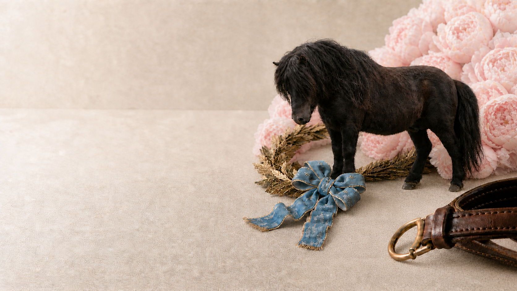 A dark pony in a quiet editorial setting.